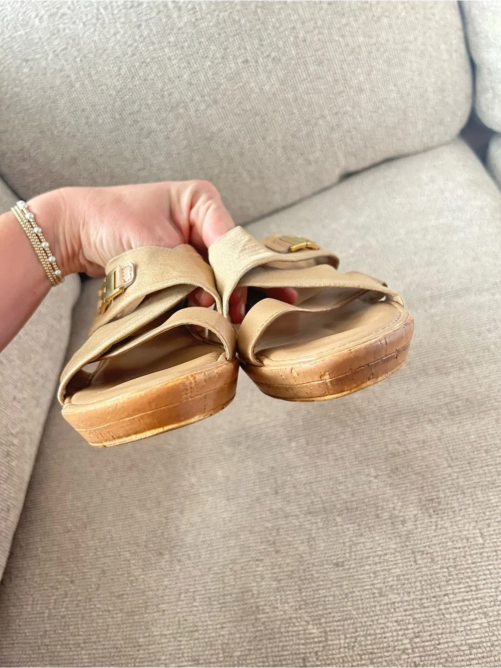 Italian Shoemakers Tan Wedge Slide Sandals with Cork Heels - Made in Italy - 7.5